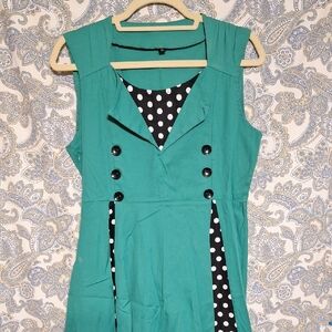 Teal Sleeveless Dress with Polka Dot Accents